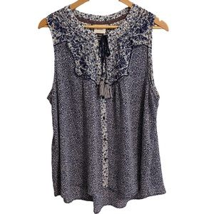 Knox Rose Navy and White Floral Sheer Sleeveless Blouse
